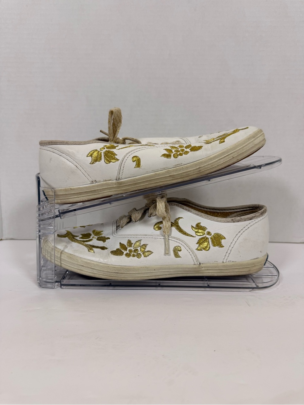 Keds White Canvas Sneakers with Gold Floral Embroidery